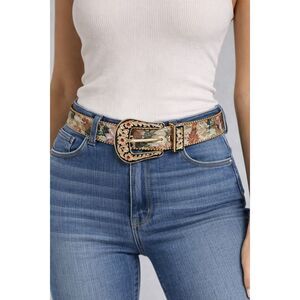 NWOT Western Cowgirl Floral Belt Gold Buckle Red Rhinestones Boho Statement 45”